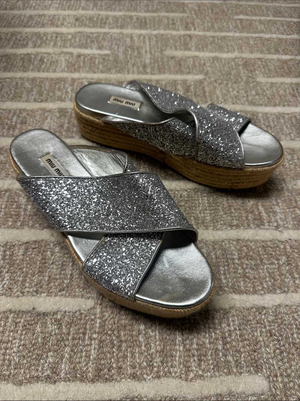 Miu Miu Silver Glitter Crisscross Espadrille Wedge Sandals